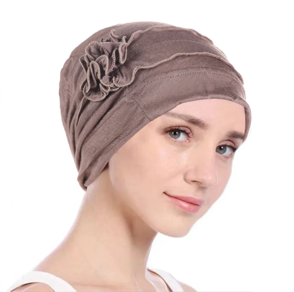 Classic Flowers Hijab Turban For Women Vintage Solid Color Pleated Head Wraps Elastic Head Scarf Casual Chemo Cap Ramadan Hats