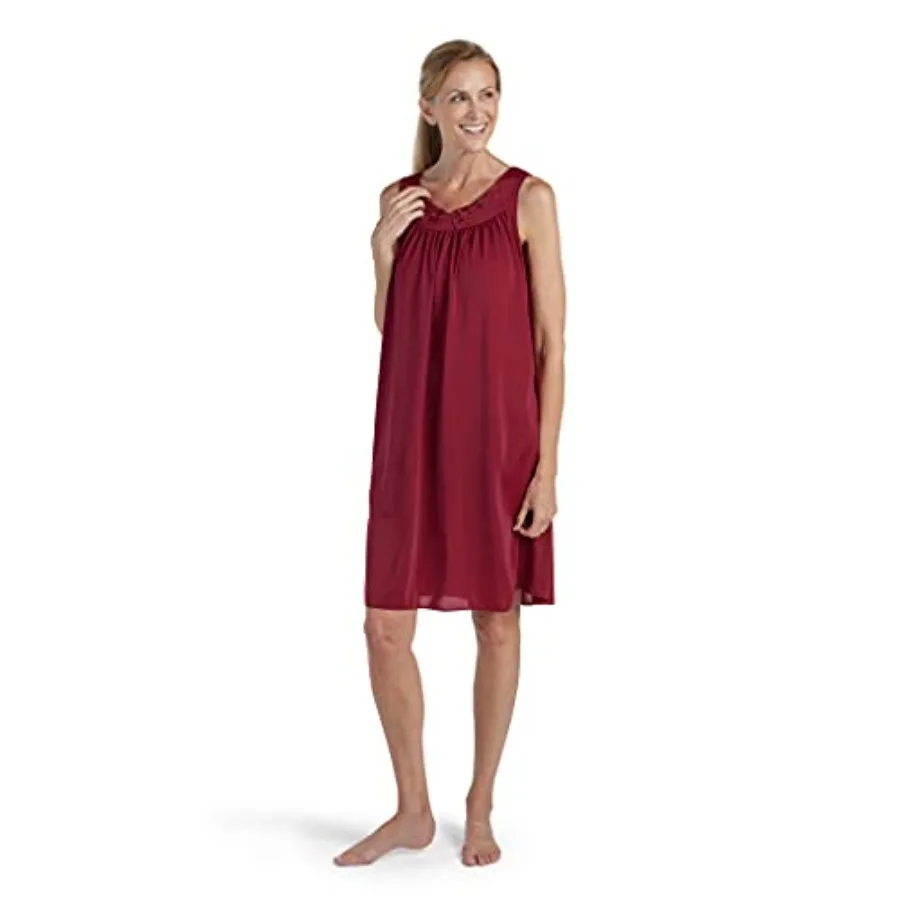 Miss Elaine Nightgown - Women's Short Nylon Tricot Gown, Sleeveless Gown with Petal Embroidery at Round Neck