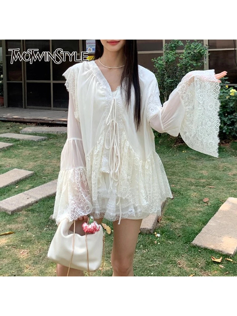 

TWOTWINSTYLE Solid Loose Spliced Lace Elegant Blouses for Women V Neck Long Sleeves Patchwork Lace Up Fashion Bloaue Female New