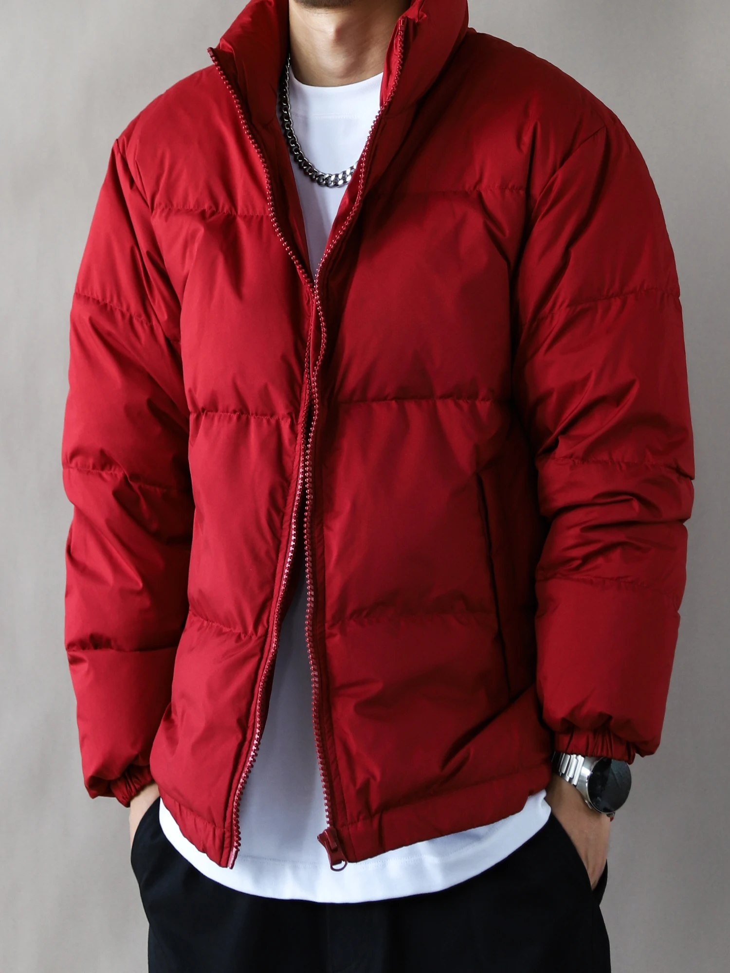 

Men's Thiened down Jaet Stand Collar Fce Lined Fluorine Resistant Warm Loose Fit Red Winter Outerwear American Sle