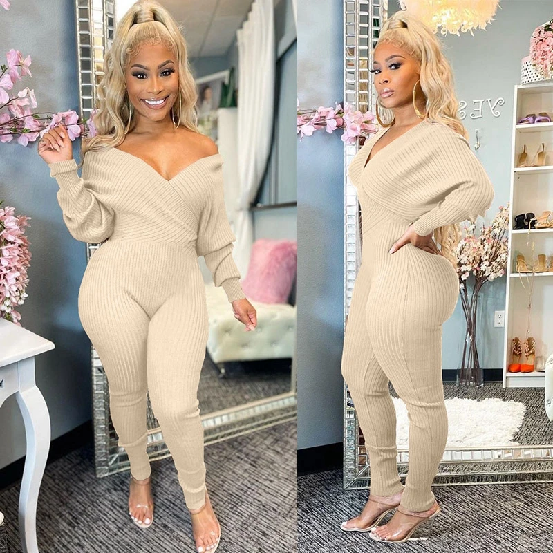 Ribbed Knitted Bandage Bodycon Jumpsuit for Women Overall One Piece Outfit Long Sleeve Off Shoulder Sexy Rompers Womens Jumpsuit