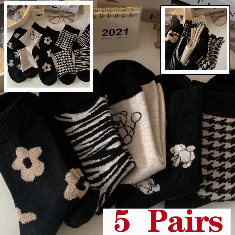 

5 пар женских носков до середины икры с милым медведем, зимние модные и универсальные дышащие мягкие удобные повседневные носки с цветочным принтом