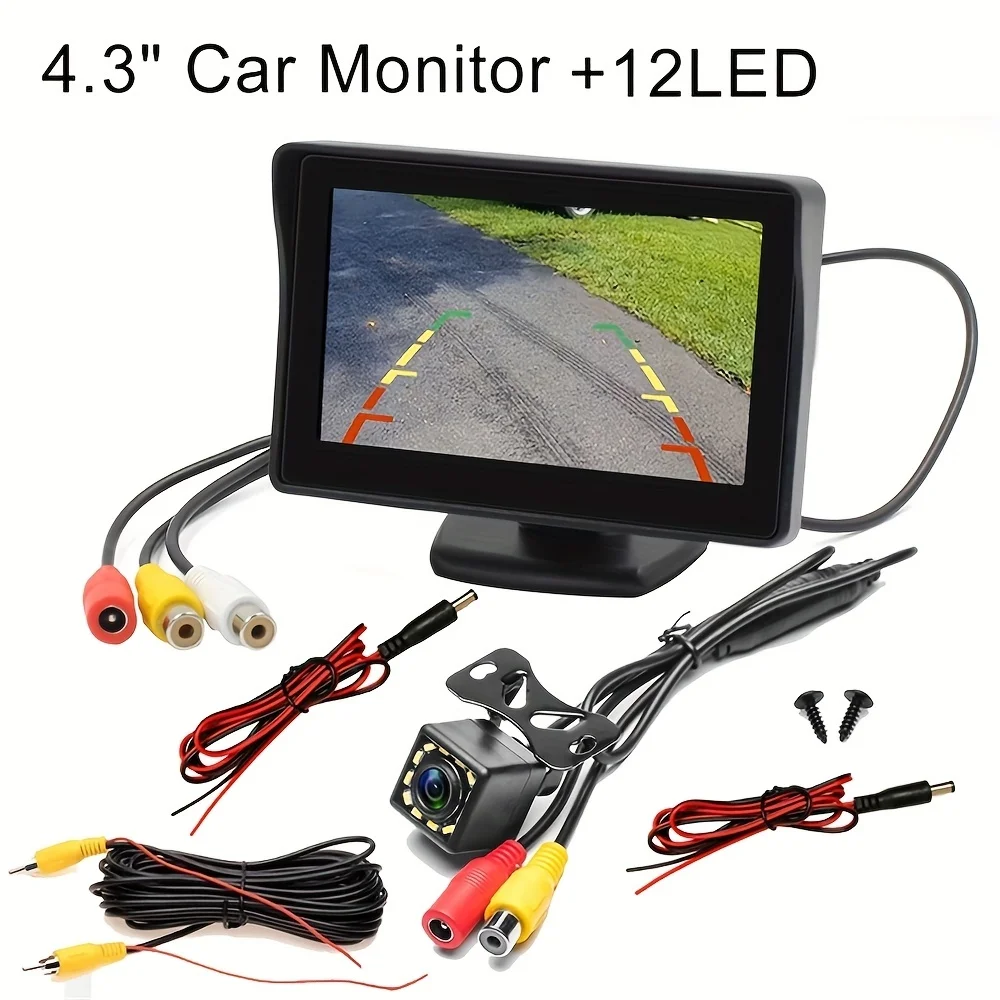 Rearview Camera System with 10.92cm Display, Night Vision, 12 LED Lights, for Cars, Trucks, SUVs, Campervans, and Vans