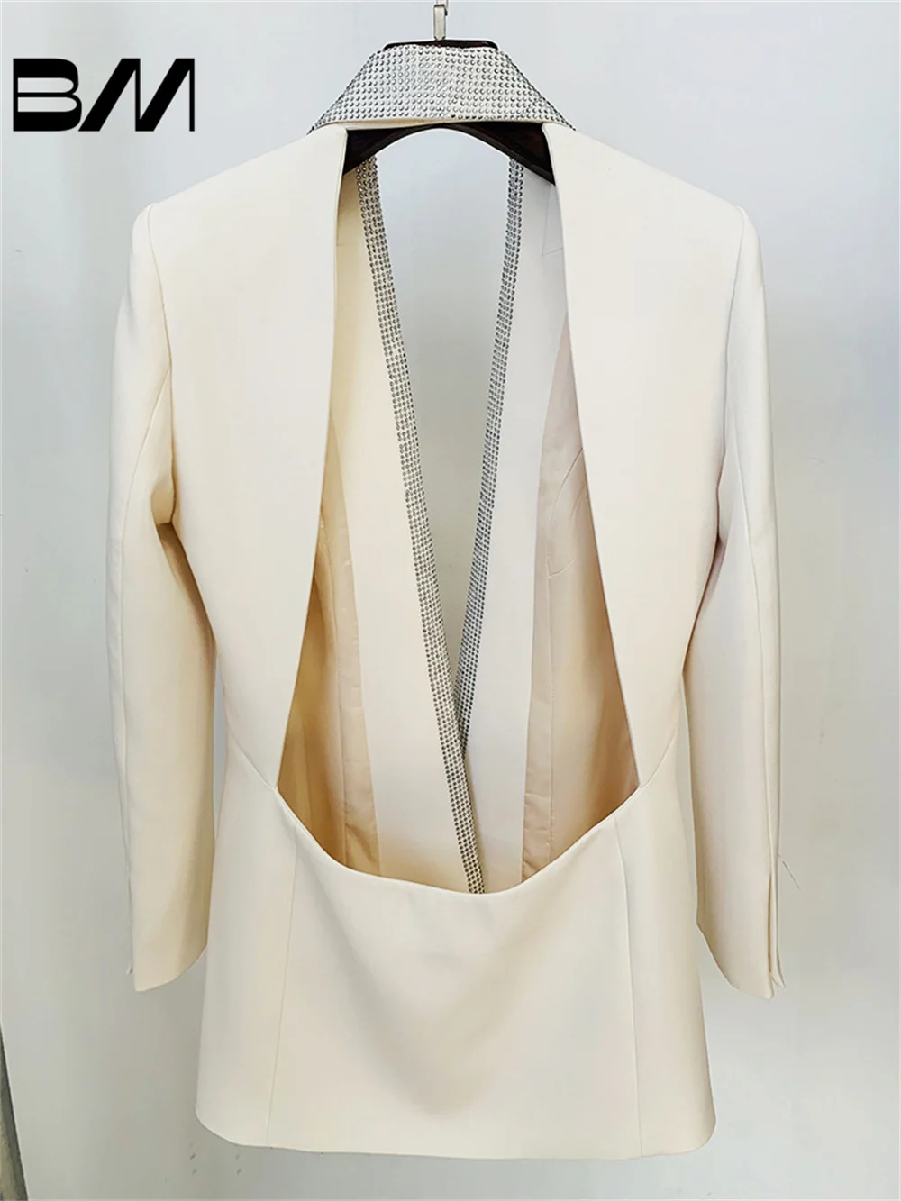 Super White New Style Backless Hot Diamond Green Fruit Collar Long Suit Jacket Dress Fashion Designer Suit Jacket Sexy Backless