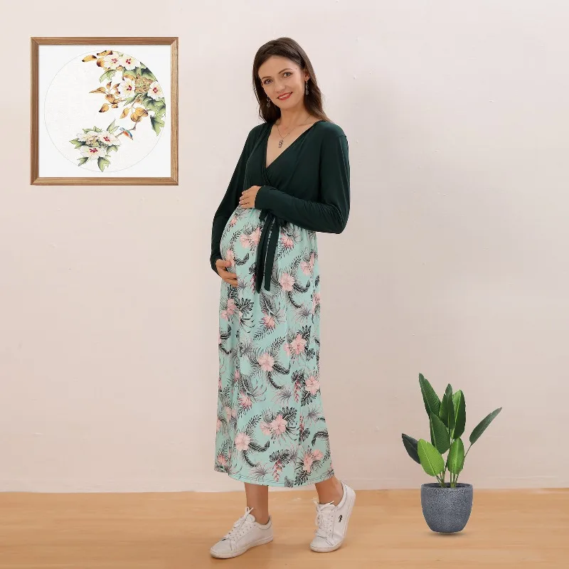 

Простое платье для беременных с длинными рукавами и v-образным вырезом с натуральным принтом для кормления грудью, свободное удобное длинное платье высокого качества