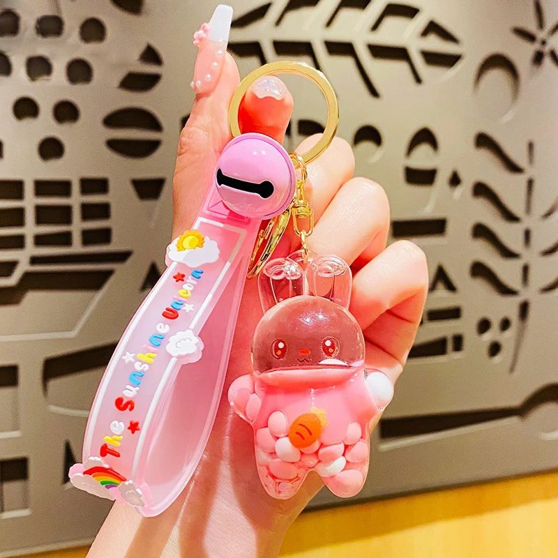 Cute Into The Oil Sugar Bean Carrot Rabbit Floating Bottle Liquid Key Chain Girl Heart Quicksand Sequins Keyring Bag Charm Gift