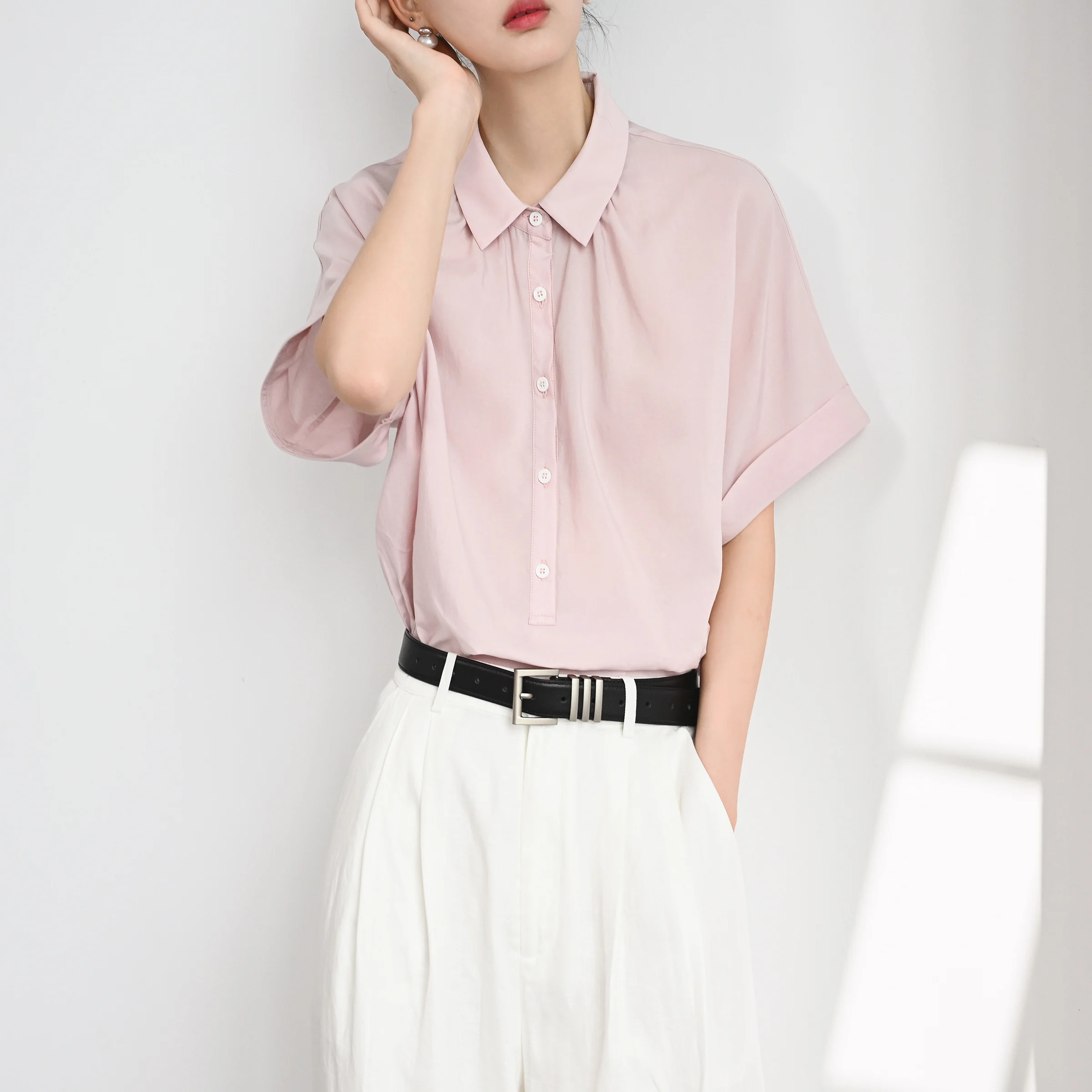 

Trr Sle Ry Summer ort Sve Loose Wrinkle Women's irt Soft Skin-Friendly Chic Commute Sle Pure Color Busin Casual