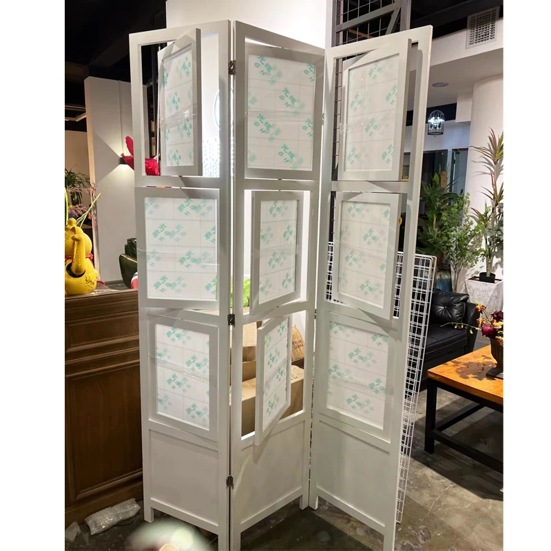 Chinese Retro Solid Wood Photo Frame Screen Folding Wooden Partition Wall Decor Fashion Entrance Decor Photography Background