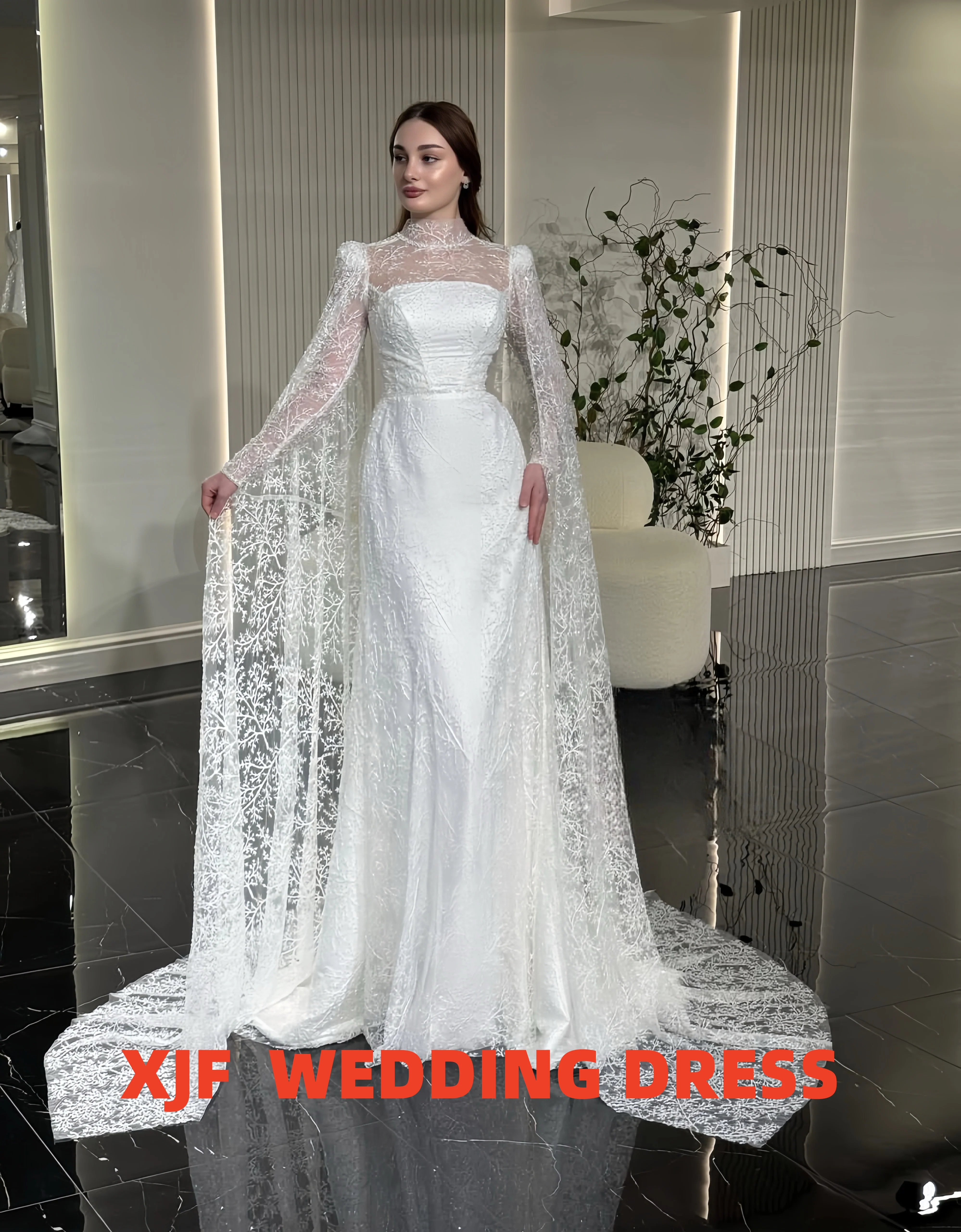 

Шаль с высоким воротником и длинными рукавами по индивидуальному заказу, кружевное женское свадебное платье русалки, элегантное платье de novia
