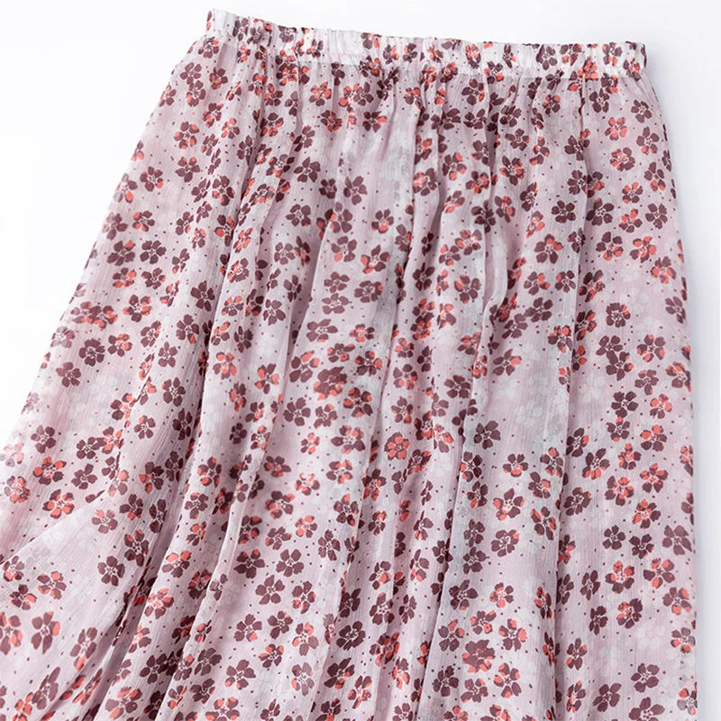 Women Silk Skirt 100% Mulberry Silk Pink Cherry Blossom Printed Long Type Skirt With Silk Lining Summer Beach Big Hem M1565