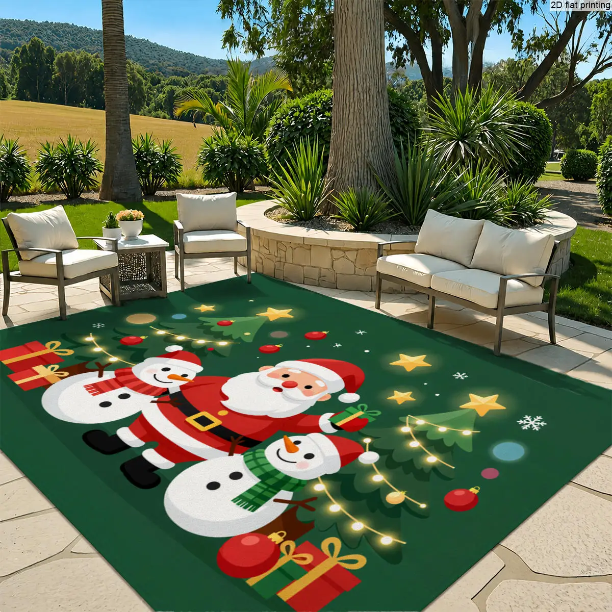 1pc Large Area Rug, Santa, Snow, Trees, Stars & Gift Boxes Pattern, Festive Floor Decor for Living Room, Bedroom, Indoor