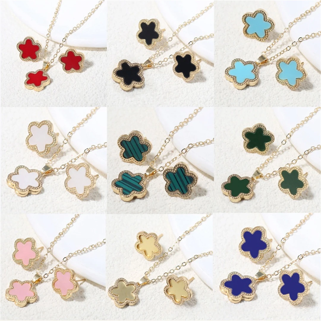 2Pcs Luxury Five Leaf Flower Pendant Jewelry Set for Women Gift Fashion Trendy Women Clover Necklace Earring Jewelry