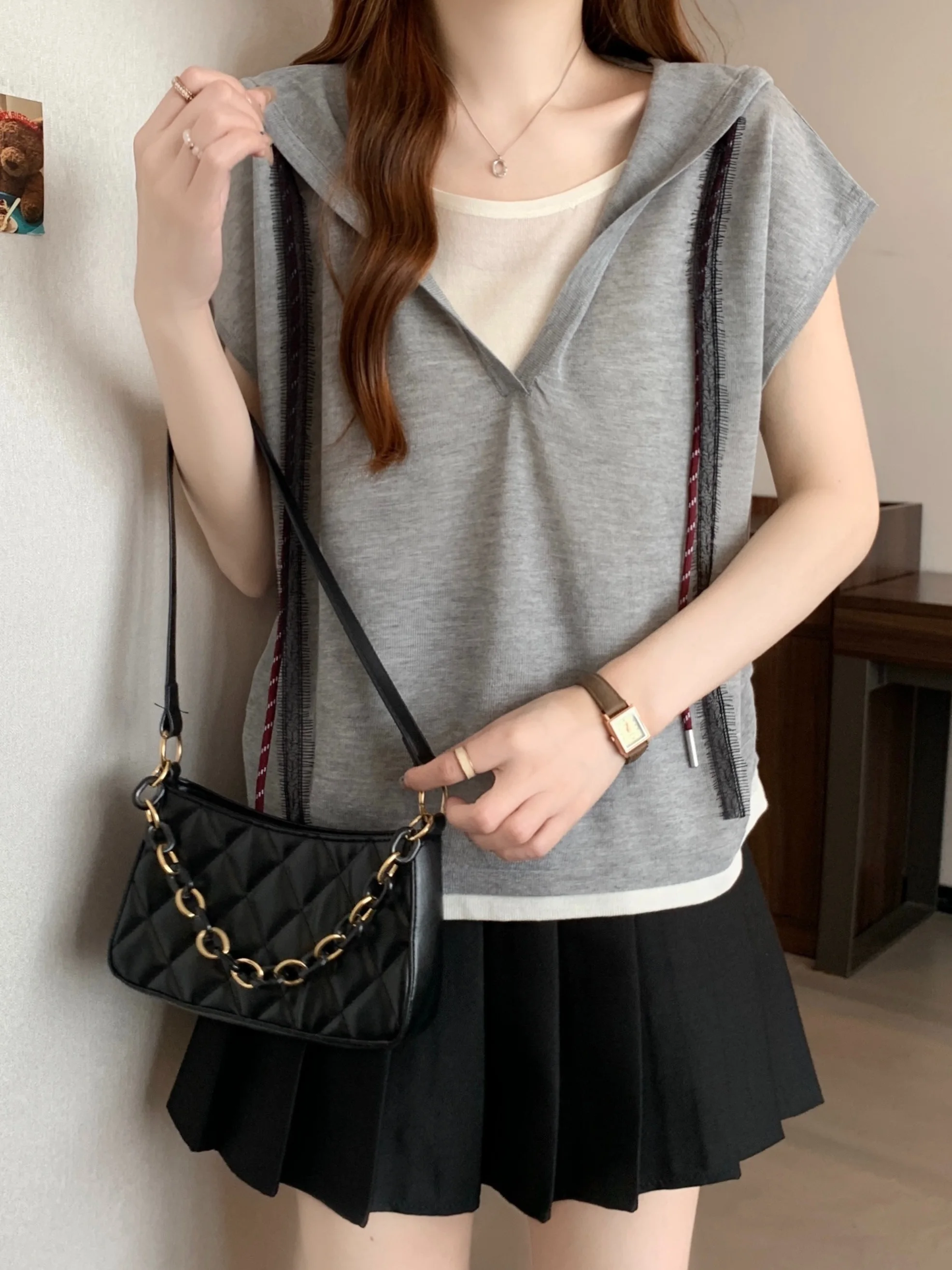 Casual Lazy Sle Dames T-shirt Zomer Plus Size Losse Veelzijdige Hoed Hoodie Jonge Faionable Grote Zus Afslanken Top