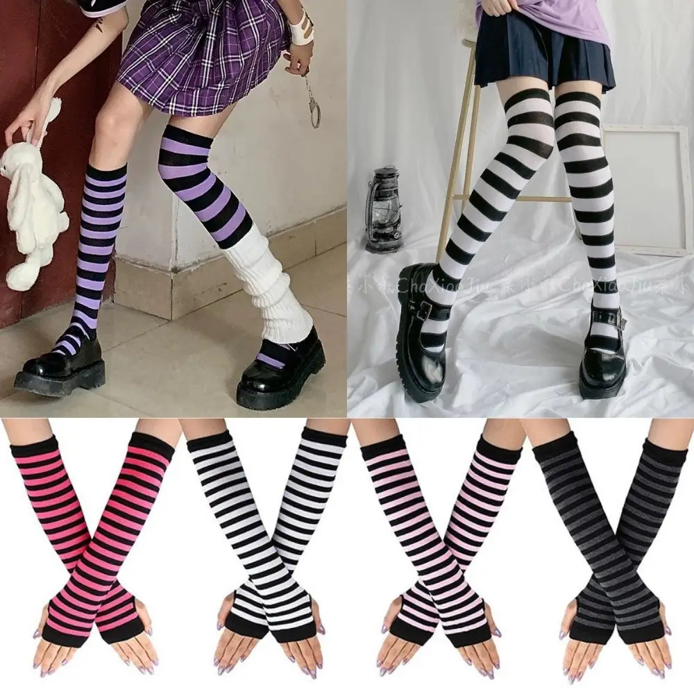 1 Set donna ragazze sopra i calzini al ginocchio guanti lunghi senza dita a righe Cosplay calze di Halloween guanti a gomito calzini alti alla