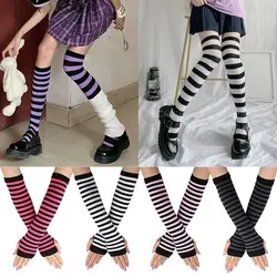 1 Set donna ragazze sopra i calzini al ginocchio guanti lunghi senza dita a righe Cosplay calze di Halloween guanti a gomito calzini alti alla coscia Hot