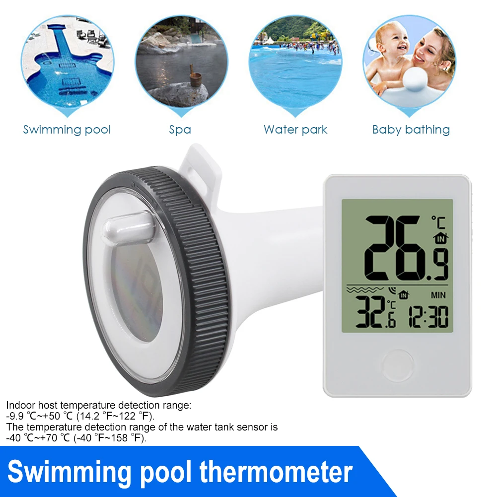 Termômetro de piscina flutuante sem fio digital, Monitor de temperatura interior e exterior, Relógio para piscina, Spas de banho e aquários