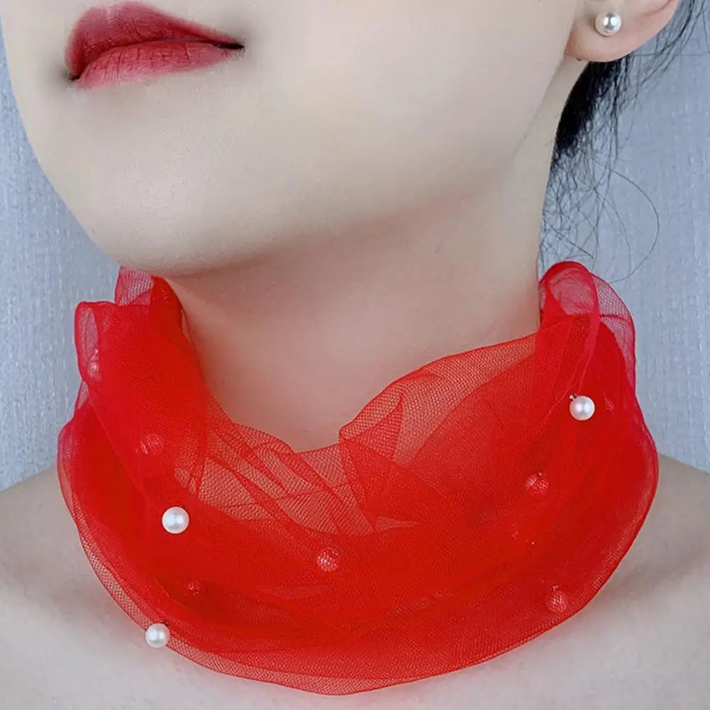 Fake Pearl Pendant Ruffle Lace Scarf Women Organza Neck Collar Chiffon Scarves Shiny Scarf Multi-functional Elastic Neck Wrap