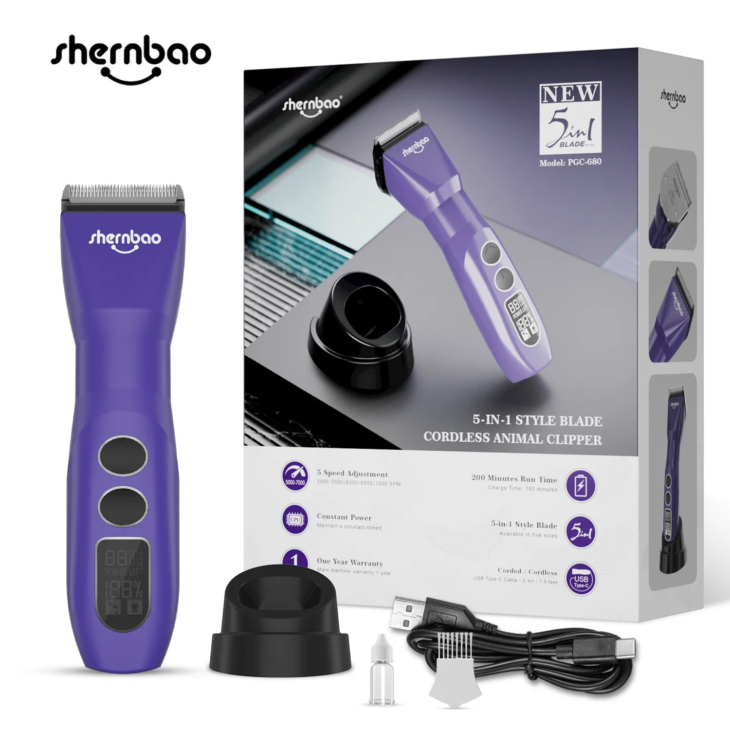 Shernbao PGC-680 5 in 1 Wholesale Dog Clipper Pet Hair Cutter Animal Hair Clipper Cordless Dog Grooming Clippers