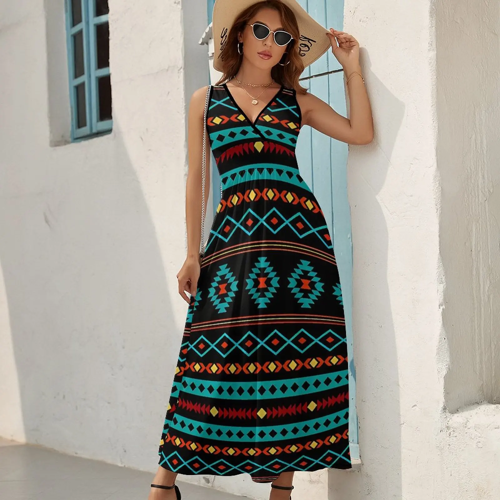 Aztec Art Dress Red Yellow Black Aesthetic Bohemia Long Dresses Female Cute Custom Maxi Dress Birthday Present