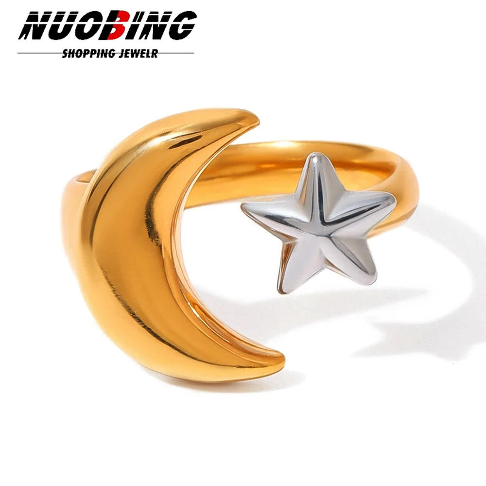 Minimalist Two tone Star Moon Ring 18K Gold Color Plated Stainless Steel Women's Aesthetic Wedding Jewelery Party Gift