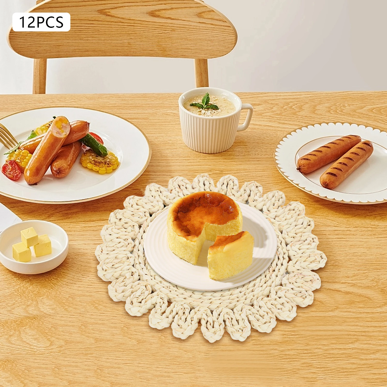 

12 упаковок круглых тканых салфеток, термостойкие настольные коврики из натуральной кукурузной шелухи, обеденная посуда, настройки места для домашнего ресторана