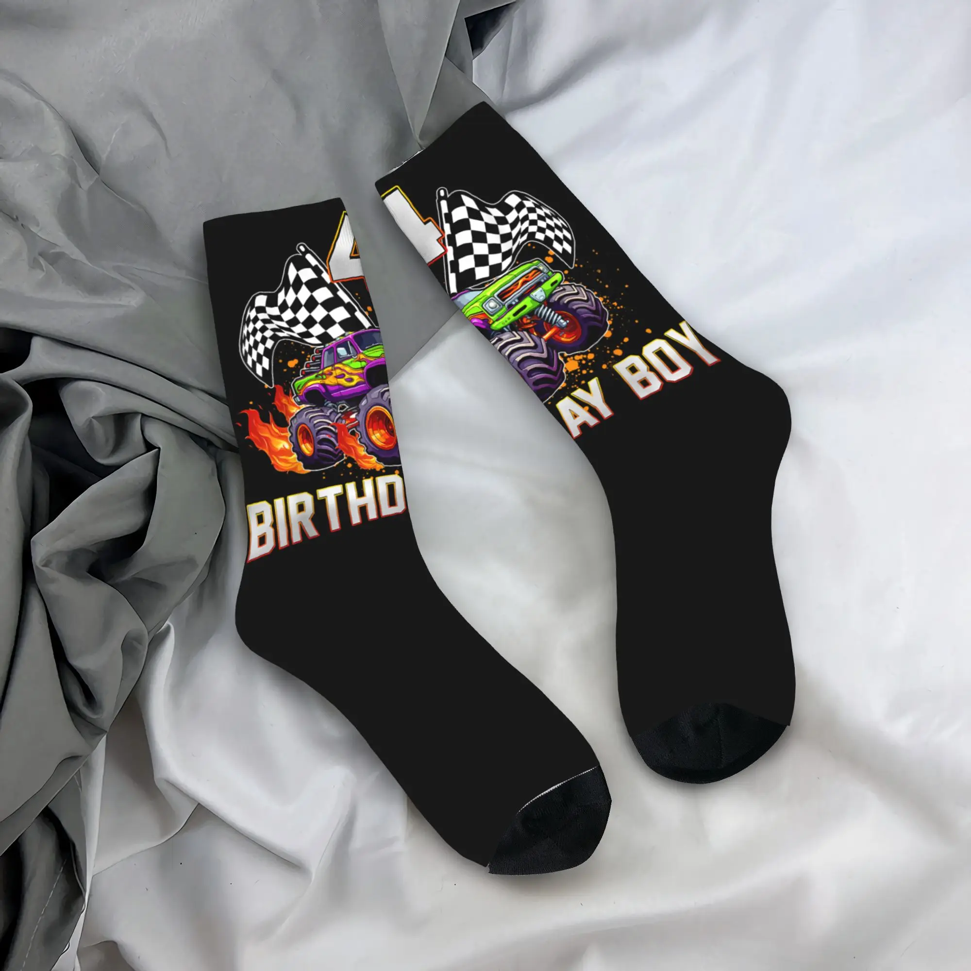 

Birthday Monster Truck 4 year Old Boys 4Th Party Matching Stockings Design Trendy Socks Autumn Anti Skid Socks Men's Socks