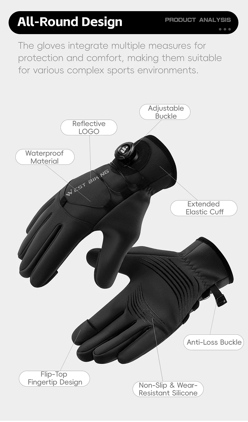 WEST BIKING Winter-Wärmehandschuhe für Herren, winddicht, mit Fleece, selbstverriegelndem Knopf, Touchscreen-fähig, rutschfest, für Mountainbike, Rennrad und Motorrad. – Detail 4