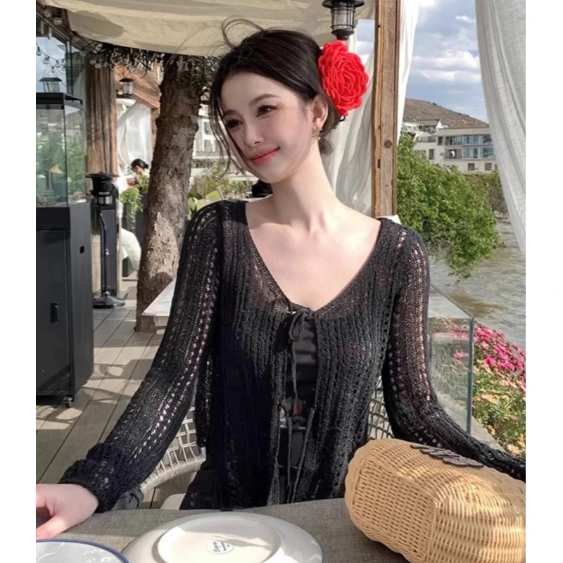 Hollow Thin Knitted Cardigan Women Summer Sheer Sunscreen Clothes Top