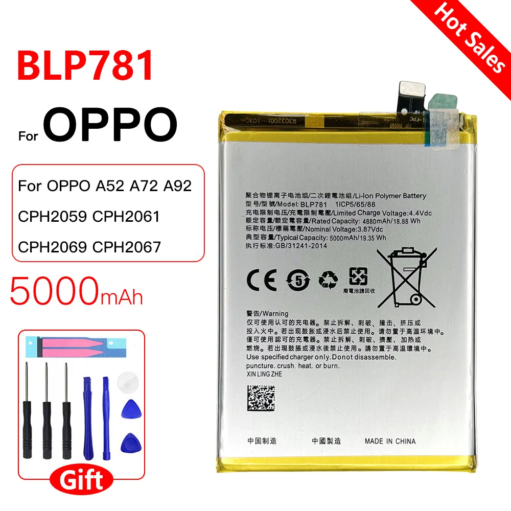 Genuine BLP781 5000mAh Replacement Battery For OPPO A52 A72 A92 CPH2059 CPH2061 CPH2069 CPH2067 rechargeabel batteria+free tools