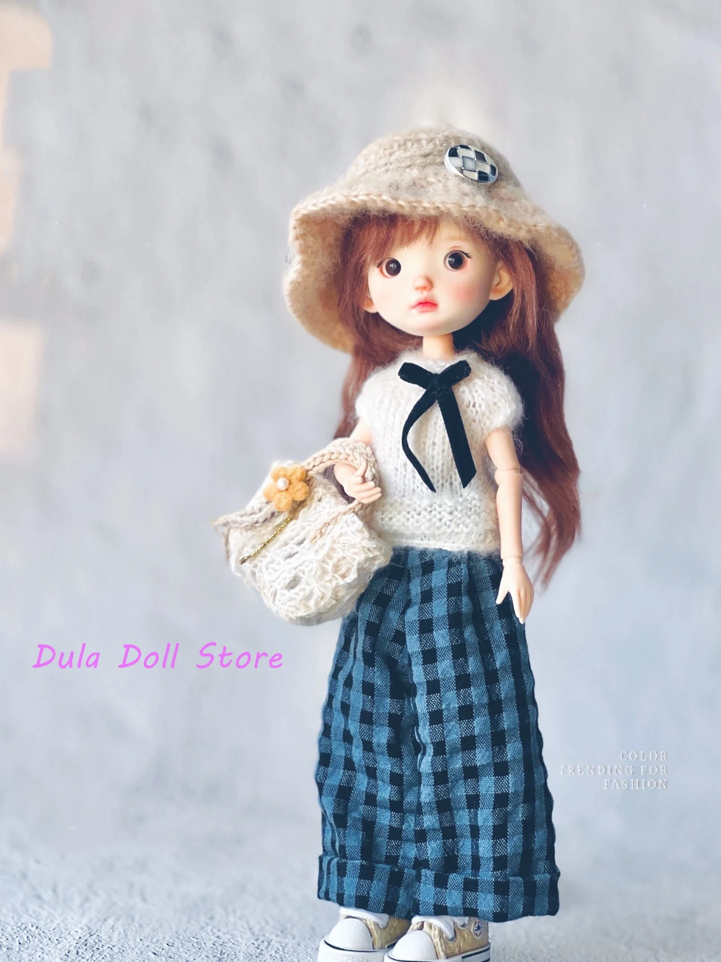 Dula 人形服ブルーチェック柄ワイドレッグパンツとニット帽子セットブライス ob24 ob22 ICY JerryB 1/6 人形アクセサリー用