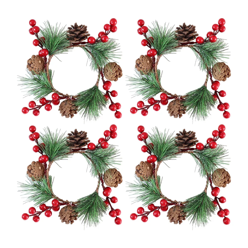 

4pcs Christmas Wreath Mini Rings Foamy Red Fruit Artificial PVC Pine Needles Natural Cones Holiday Decor Rings Wreaths