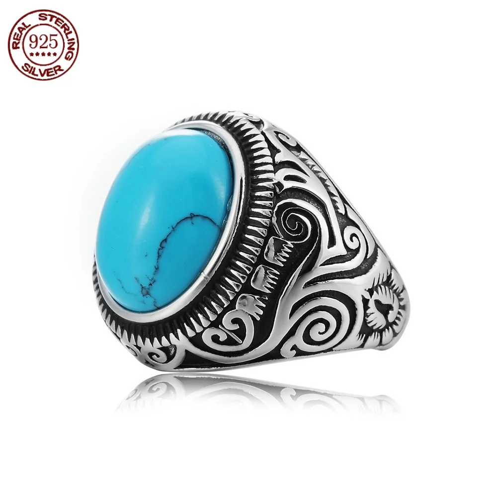 

European and American fashion retro S925 sterling silver inlaid turquoise ring men's and women's personalized jewelry gifts