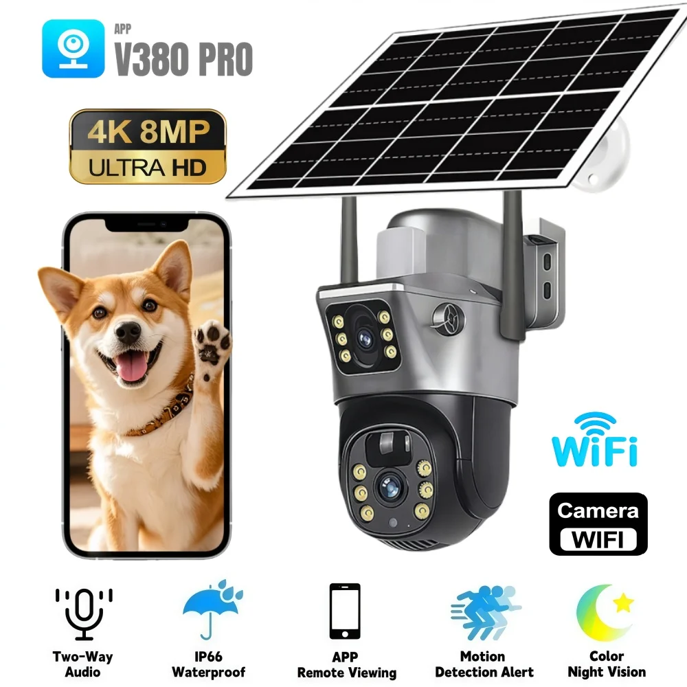 

8 МП Солнечная двухобъективная камера 4K для наружного видеонаблюдения с Wi-Fi, встроенным аккумулятором, IP66, обнаружением человека, CCTV