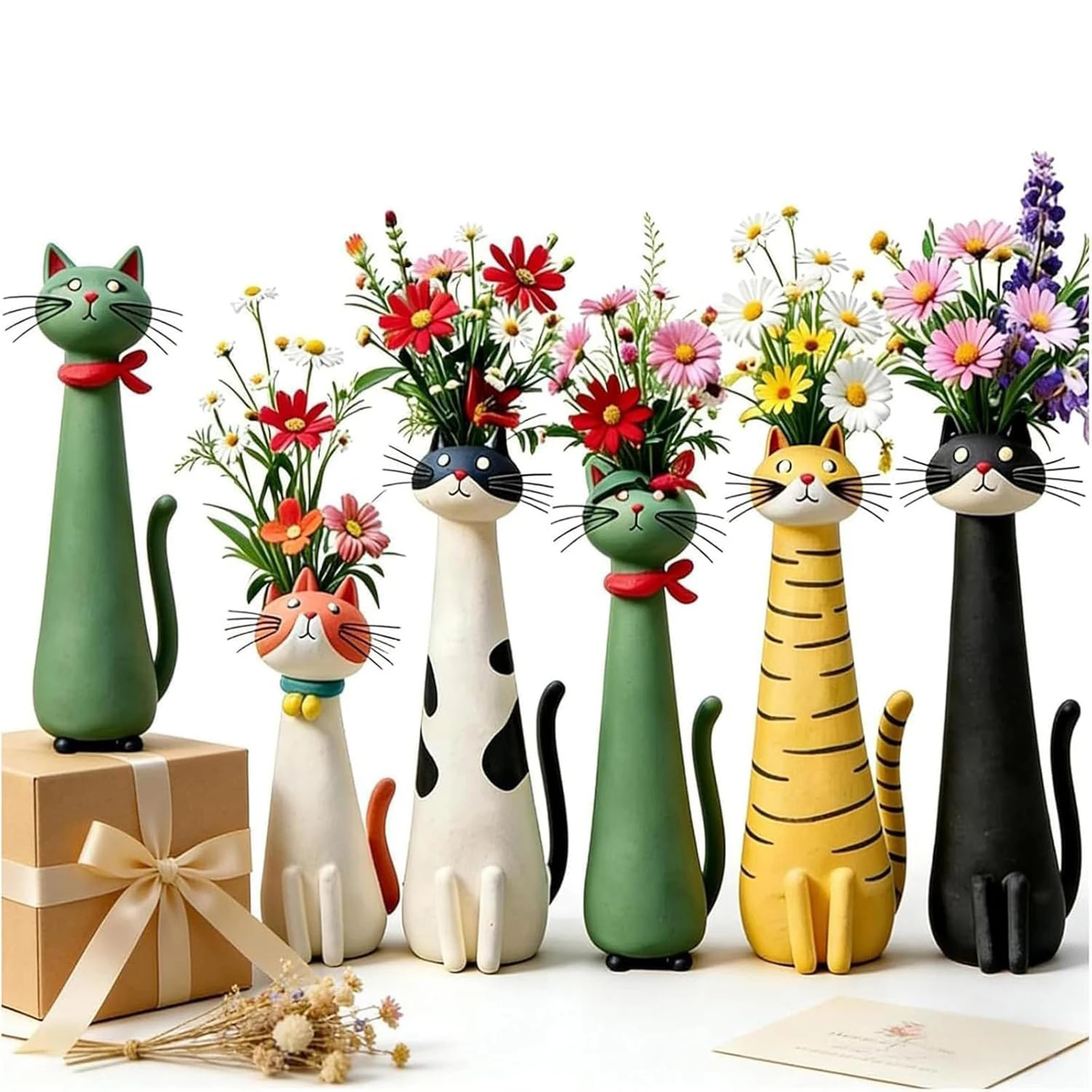6-1pc Whimsical Resin Cat Flower Vase Creative Ornament Cute Cat Shaped Flower Vase for Living Room Office Study Home Decoration