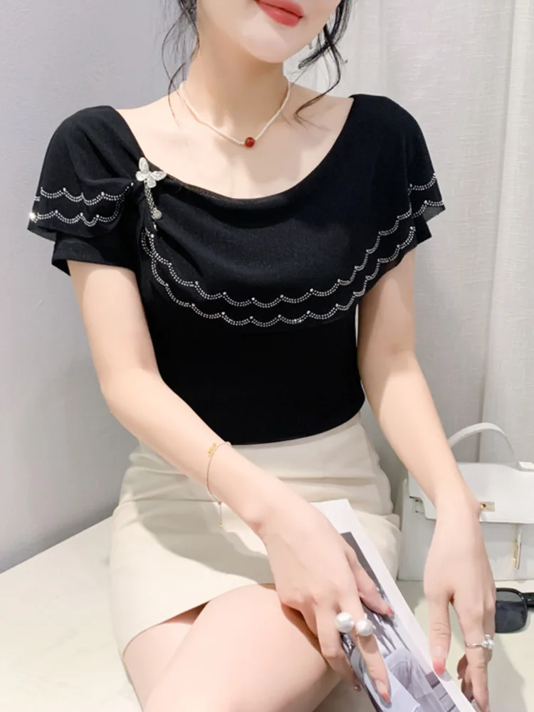 #7242 Summer Elastic Mesh Short T Shirt Women Skew Collar Split Joint Ruffles Diamonds Skinny T-shirt Female Sexy Streetwear Tee