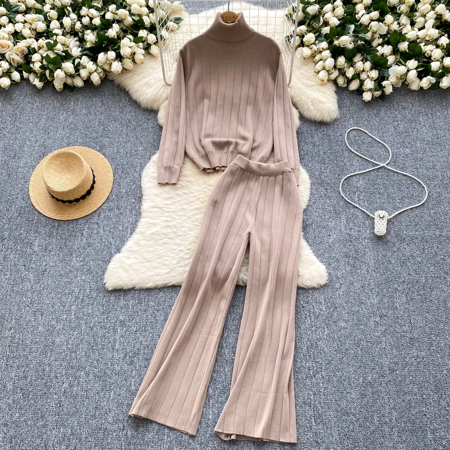 Sexy Basics Long Sleeve Button Knit Two Pieces Sets High Collar Top with High Waist Pants Casual Beach Vacation Sets