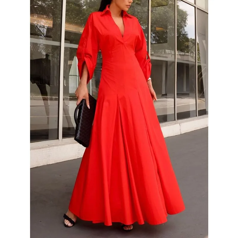 여성용 레드 100% 면 드레스 2025 A라인 플리츠 오피스웨어 브이넥 긴팔 기본 셔츠 드레스 여성 의류 179809