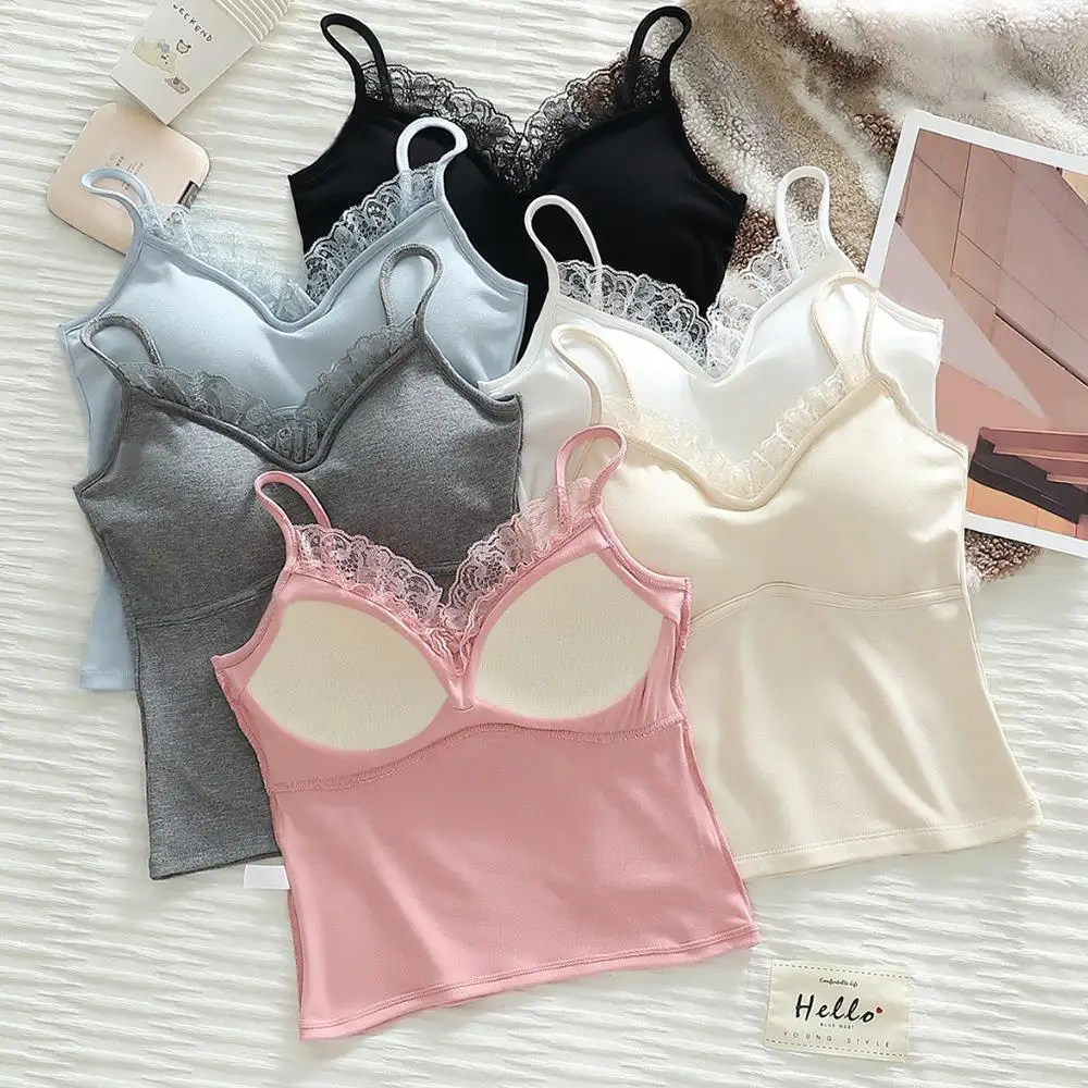 

Sexy Lace Deep V Neck Women's Camisole Sleeveless Tank Tops with Chest Pad Solid Color Slim Vest Summer Y2k Girls Tank Tops