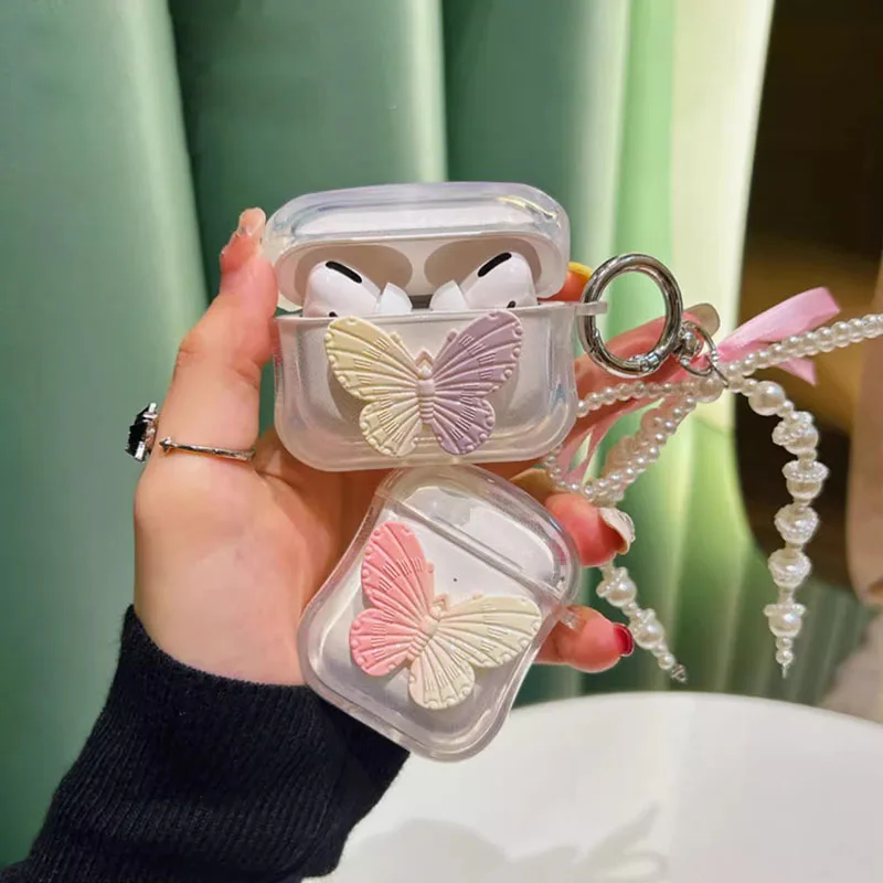 Apple Airpods 1/2/3 Proイヤホン用のかわいいパールチェーン,蝶の装飾,tpu製イヤホン用カバー