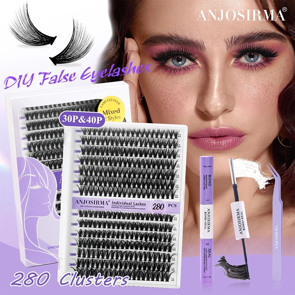 DIY Lash Extension 280pcs Individual Lashes Cluster ANJOSIRMA D Curl Wispy Individual Lashes 10-16mm Mink DIY Individual Eyelash