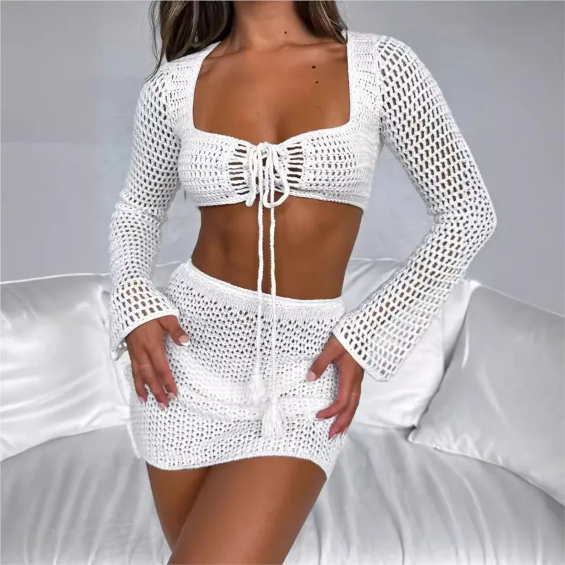 

Summer Beach Dress Swimsuit Cover Up Female Bikini Coverup New Knit Hollowed Out Set Two Piece Women Solid Polyester Tunics For