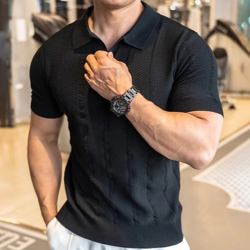 Sommer Business Poloshirt für Herren mit Kragen, Kurzarm, Gestrickt, Einfarbig, Slim Fit, Atmungsaktiv, Schnelltrocknend, Golf T-Shirt – Detail 4