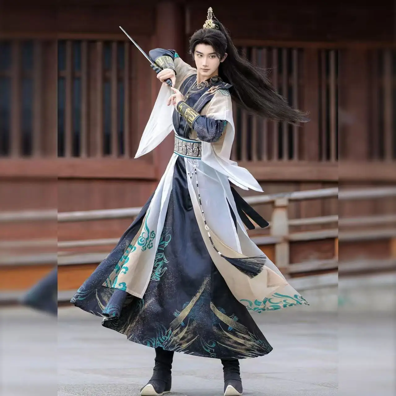 

Original Hanfu Ancient Bronze Ware Elements Wuxia Martial Clothing Traditional Chinese Cross Collar Power Cosplay Costume Prince