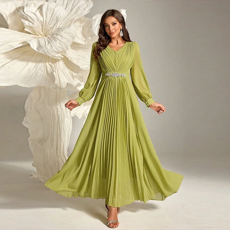 

Elegant retro pearl chiffon v-neck dress fashionable banquet dress, new high-end simple temperament classic women's clothing is
