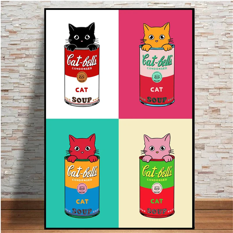 Cute Cats Cactus Soup Pop Art Poster Canvas Painting Abstract Graffiti Art Spray Can Colorful Wall Art Room Home Decor Collage