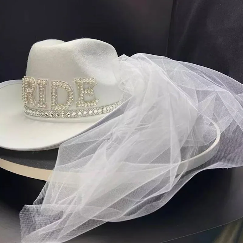 New Bride White Cowboy Veil Hat Pearl Rhinestone Wedding Cowgirl Hat Bach Bachelorette Hen Party Bridal Shower Decoration Gifts