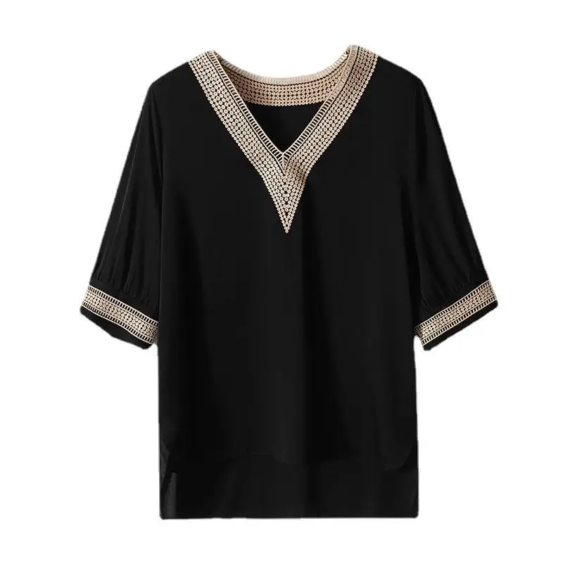 Hollow Embroidered Silk T-shirt Stretch Satin Fashion Graceful Collar Small Top Black Women's Clothing