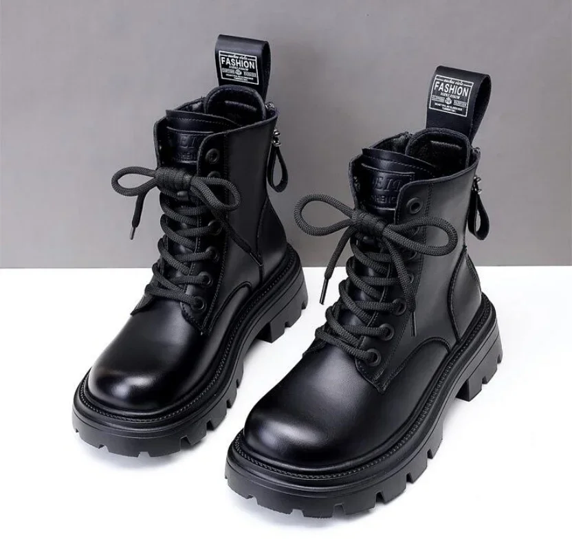 

Genuine Leather Lace-up Women Boots 5Cm Chunky Heel Platform Women Boots British Style Thick Sole Increase Height Casual Boots