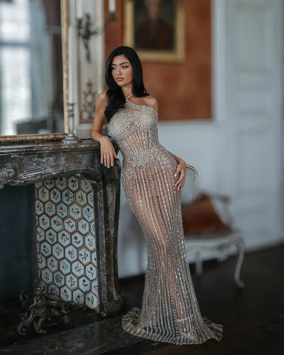 

New Design Sexy Halter Glittering Beading Crystal Illusion Charming Fashion Backless Mermaid Evening Prom Formal Party Dress