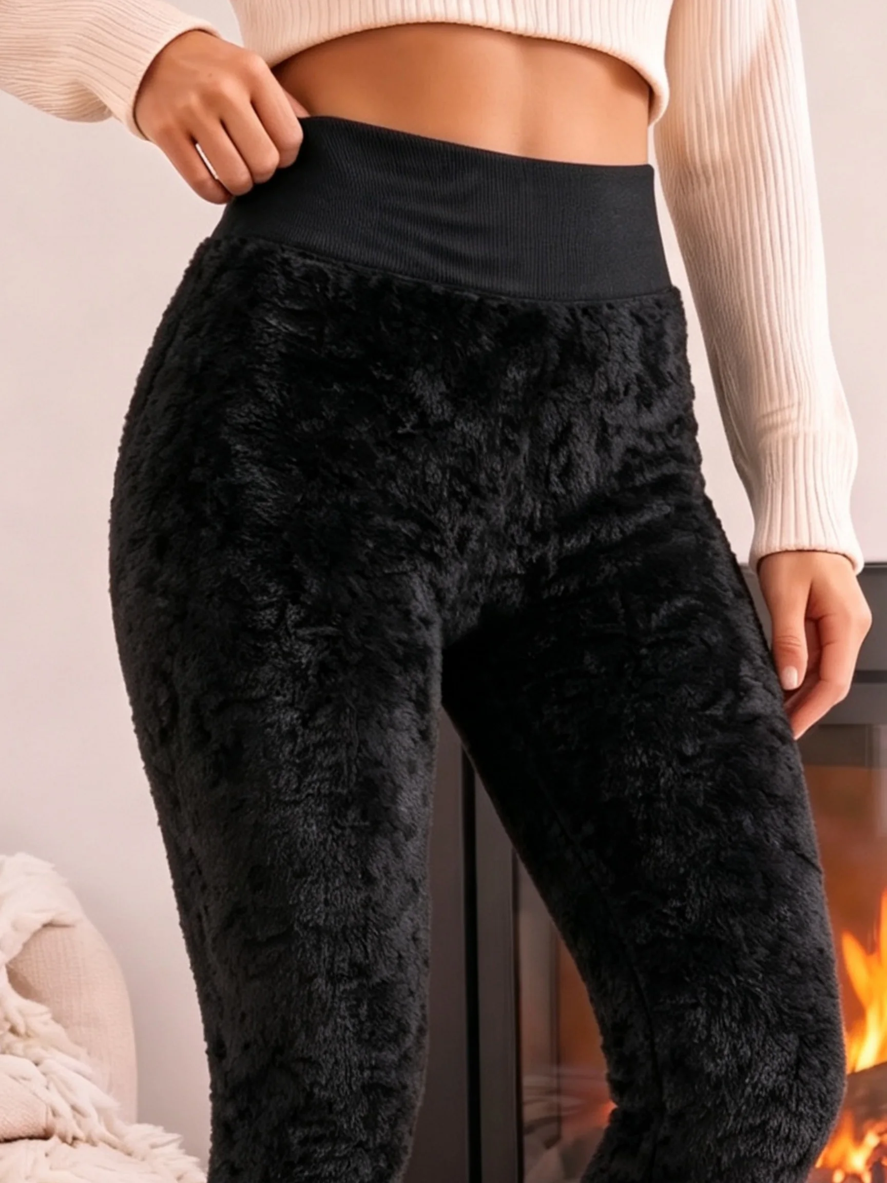 1er-Pack Hochgeschnittene Schwarze Fleece-Gefütterte Warme Leggings Weiche Flauschige Stretch-Hosen für Herbst Winter Zuhause Täglicher Weg zur Arbeit – Detail 4